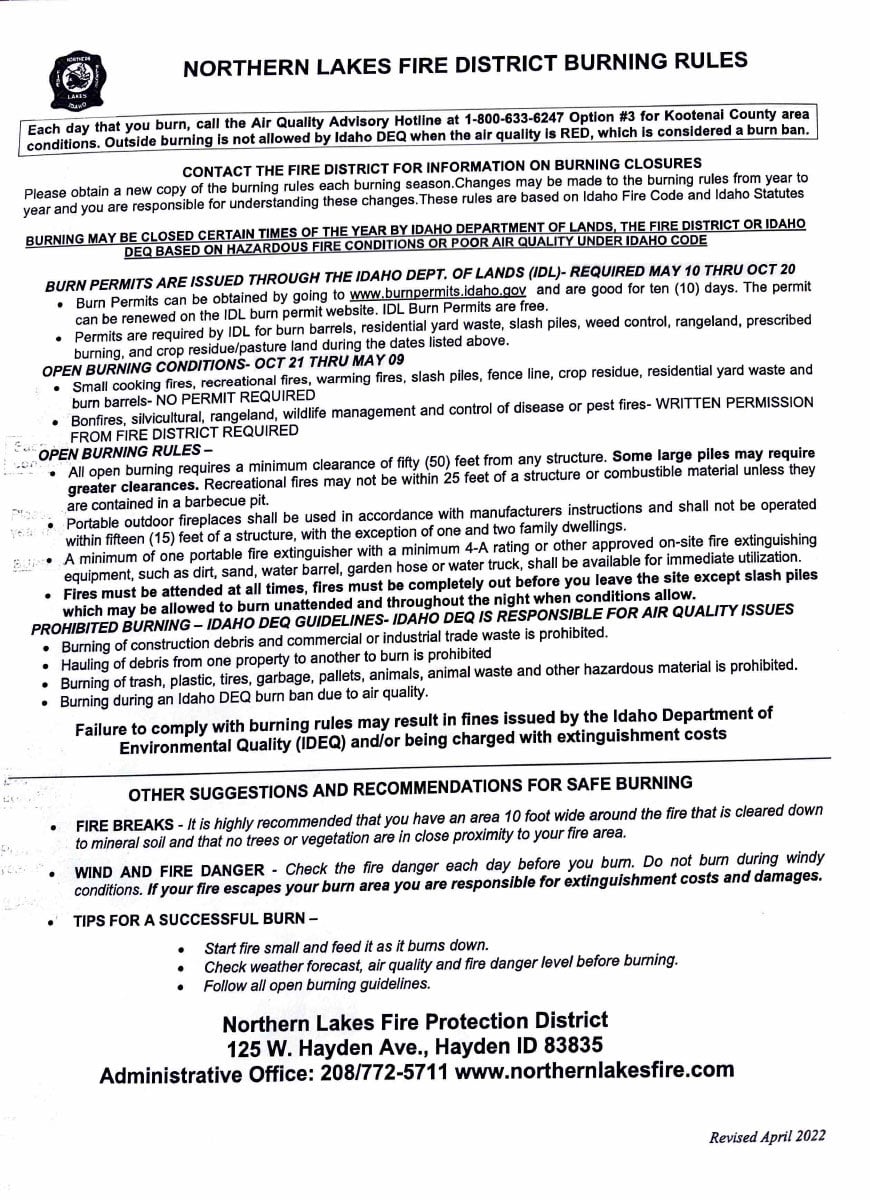 Northern Lakes Fire District Burning Rules